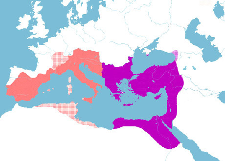 Karta över när riket var som störst år 523. Det röda och rödvitrandiga utgör Teoderiks gotiska rike.