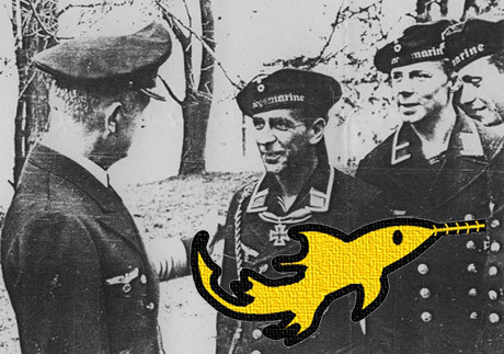 Storamiral Dönitz samtalar med K-män, Walter Gerhold i mitten. Svärdfisken var K-männens symbol.