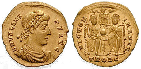 Ett romerskt mynt från ca 376 med avbildning av kejsar Valens.
