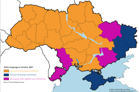 Språkkarta över Ukraina. Orange = ukrainskspråkiga områden. Blått = områden där ryska är majoritetsspråket. Lila = områden där flera språk talas men ukrainska är det vanligaste språket.