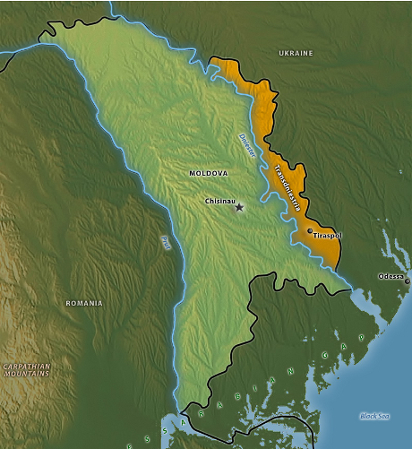Transnistrien, markerat i gult, mellan Moldavien och Ukraina.