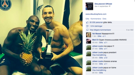 Paris Saint-Germain-spelarna Zoumana Camara och Zlatan Ibrahimovic på bild med en "het ananas". Bilden laddades nyligen upp på franske komikern Dieudonnés Facebook-sida.
