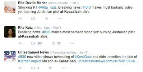 Rita Katz var märkligt nog den första personen på twitter att nämna att den jordanska piloten Mu'adh al-Kasasibah eldats upp.