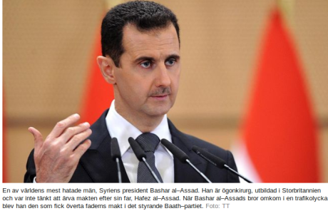 SVT förklarar för sina läsare redan i början av sin artikel att al-Assad är "en av världens mest hatade män" och att han aldrig skulle ha blivit Syriens president. Skärmdump: svt.se
