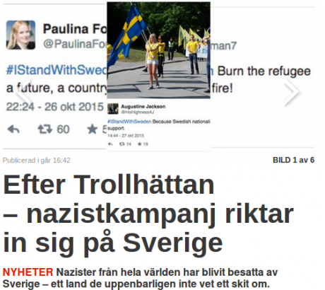 Nyheter24 ägnar sig bland annat åt att manipulera bilder. Här syns exempelvis Nordfrons livstilsredaktör uppmana till att bränna asylförläggningar