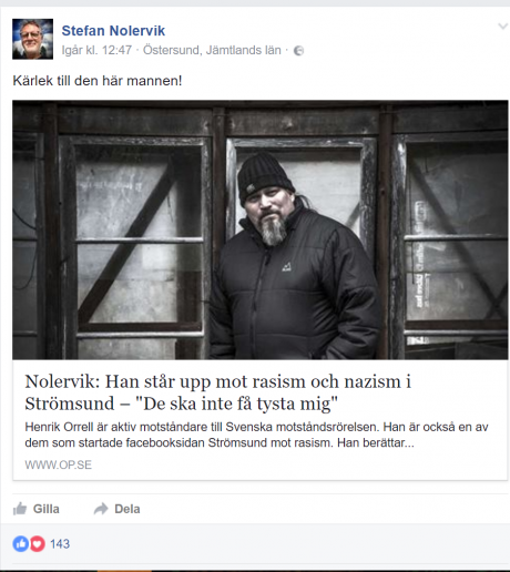 Nolervik älskar lögnare som mordhotar för allas lika värde. Kan tilläggas att han skriver "Civilkurage" om samma artikel på sin andra FB-sida.