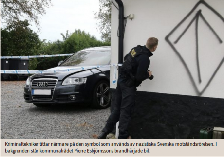 Klotter på Pierre Esbjörnssons husfasad. Foto: Skärmdump från Skånska dagbladet.