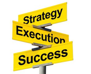 Strategy, Execution, and Success Intersection Sign on White Background